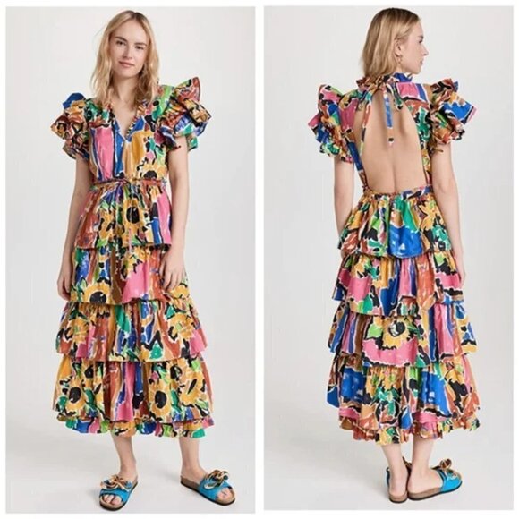 NWT Love The Label  Penelope V Neck Ruffle Maxi Dress with Drawstring Be… - Picture 1 of 10